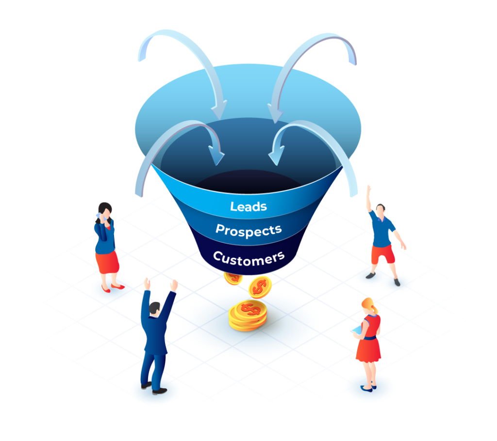 A cartoon representation of the sales funnel with office people throwing coins in a funnel