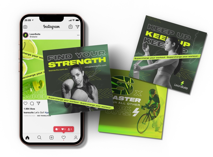 An iPhone with Instagram open, displaying three graphic ads for LeanSuits showing a woman wearing boxing gloves, a woman wearing workout clothes, and a man riding a bicycle
