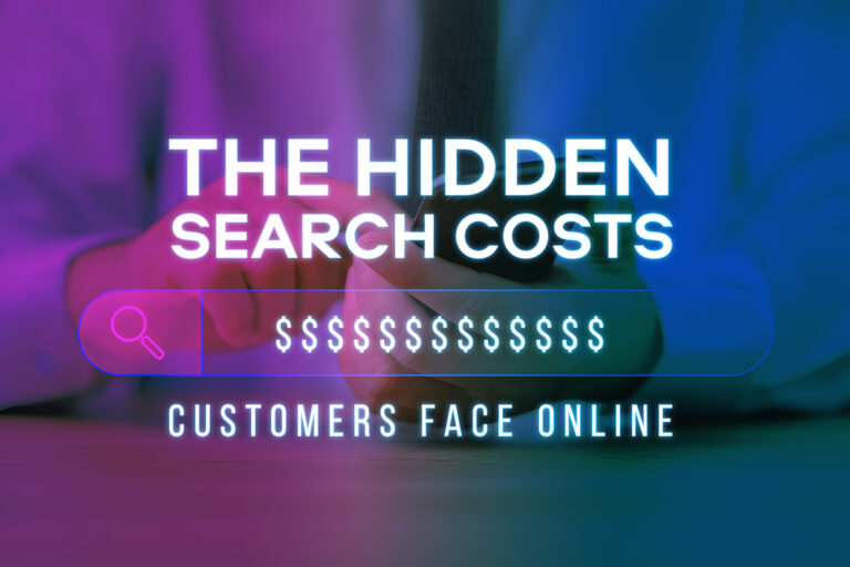 Hidden search costs title with purple backdrop and a person using a touchscreen of a phone